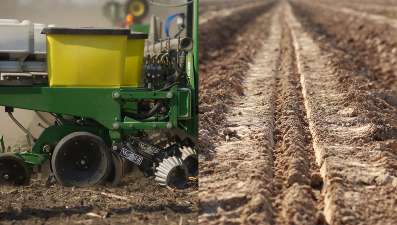 side by side images of a planter row unit and the path a gauge wheel leaves