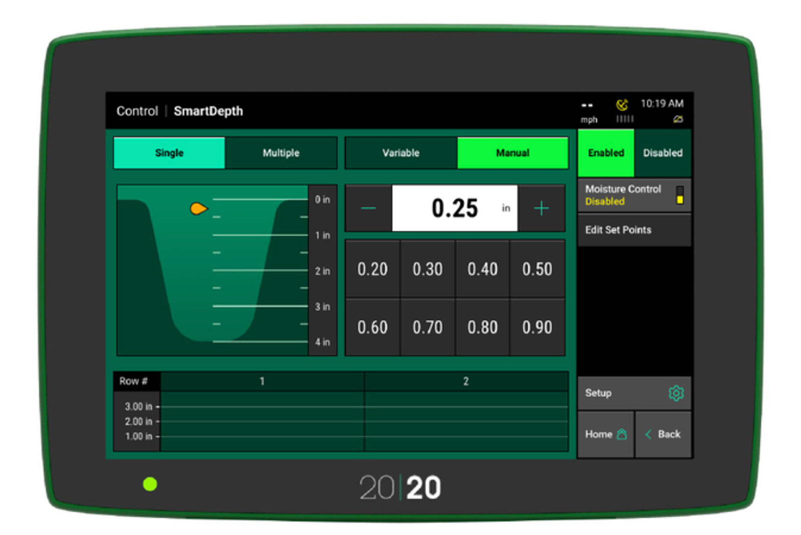 Precision Planting 20 20 monitor showing planting depth