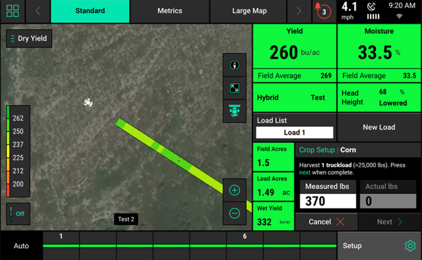 view of monitor showing yield, moisture, and various other data